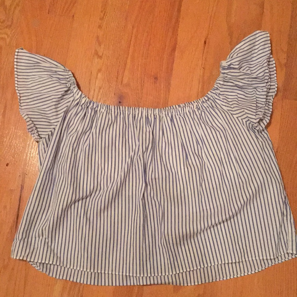 Zara Blue/White Striped Off the Shoulder Top Sz S